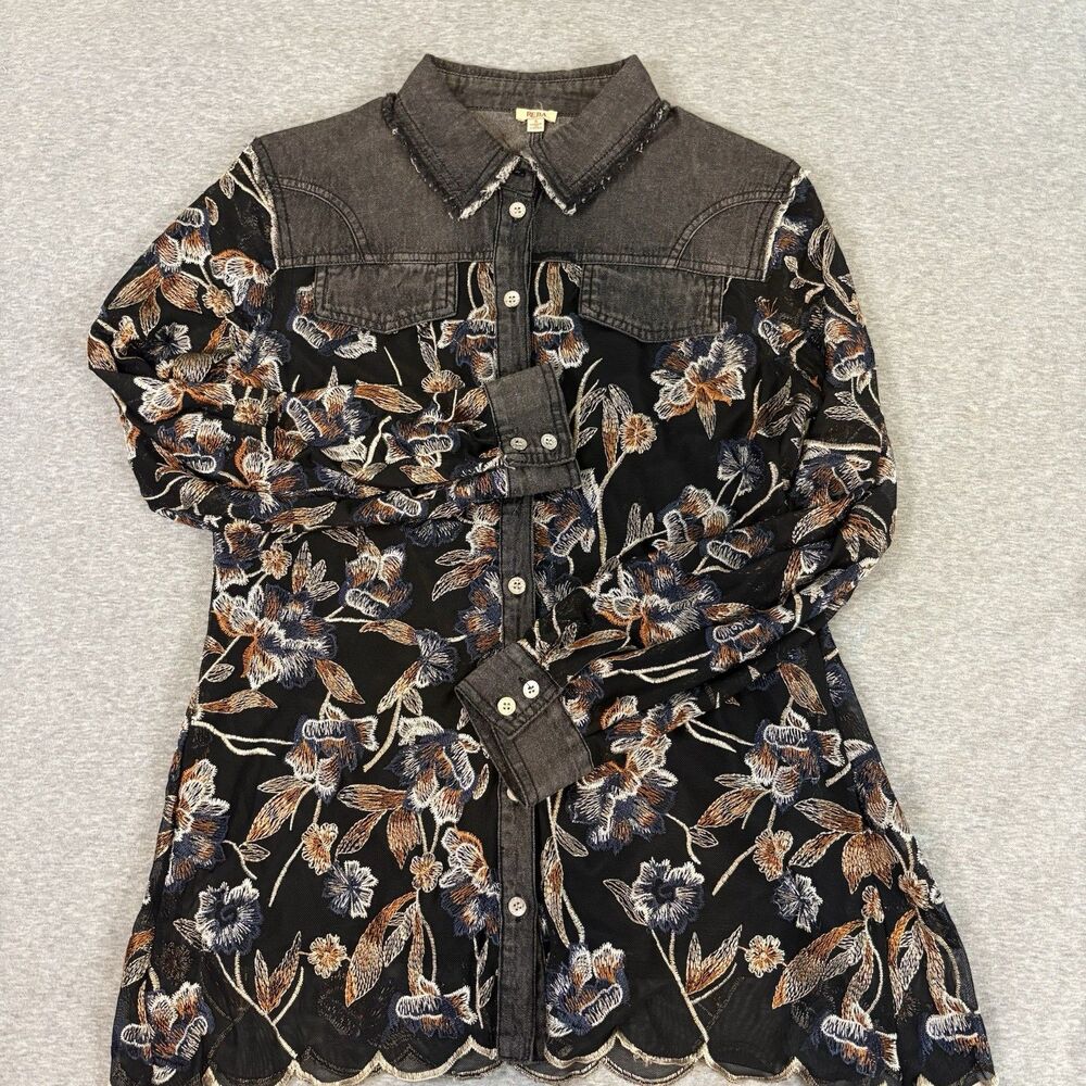 Reba Western Embroidered Mesh Button Up Shirt S Sheer Floral Denim Yoke Boho